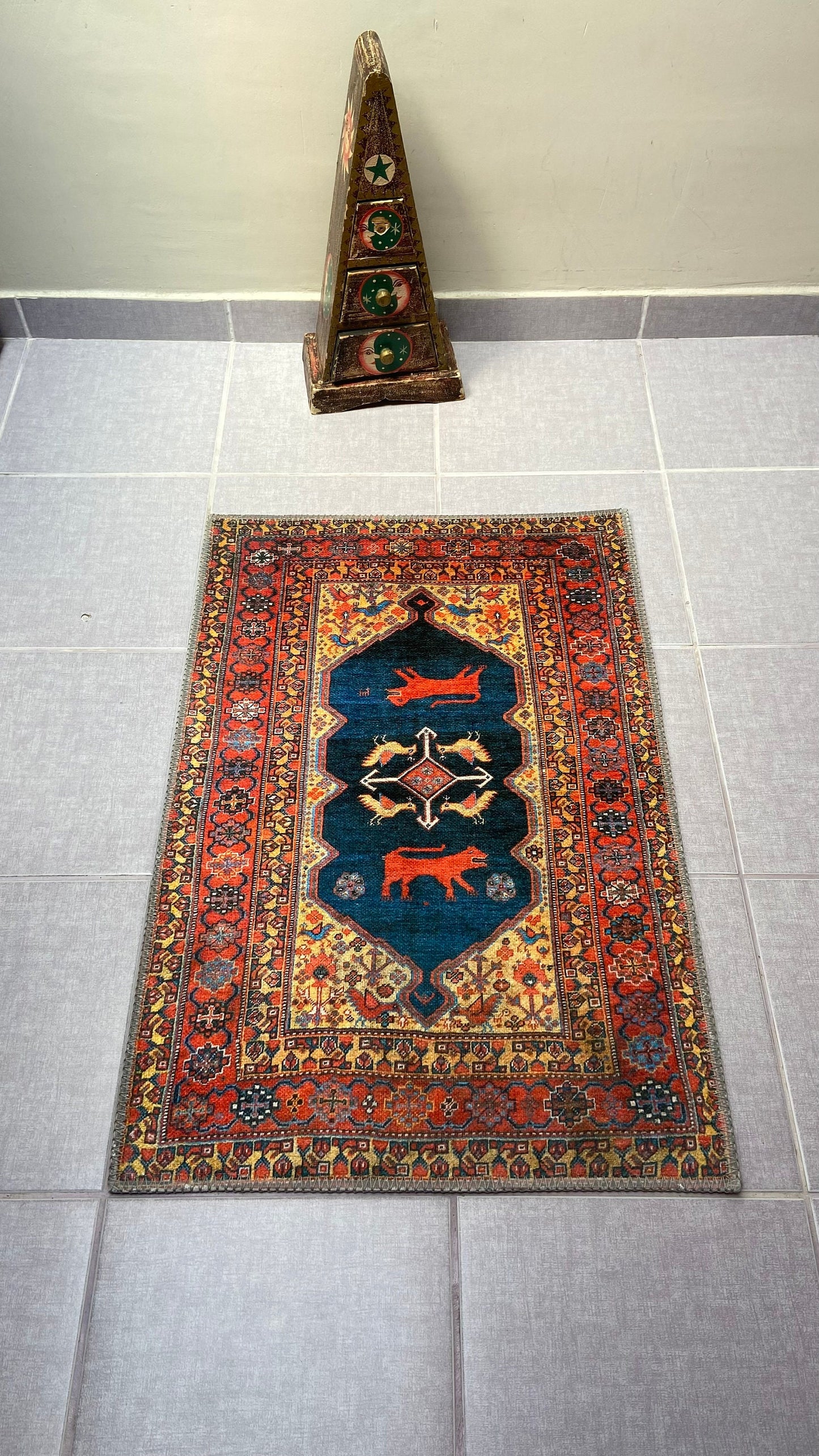 Oriental Small Rug, 2x3 ft Blue Rug, Animal Design Rug, Washable Rug, Non-Slip Rug