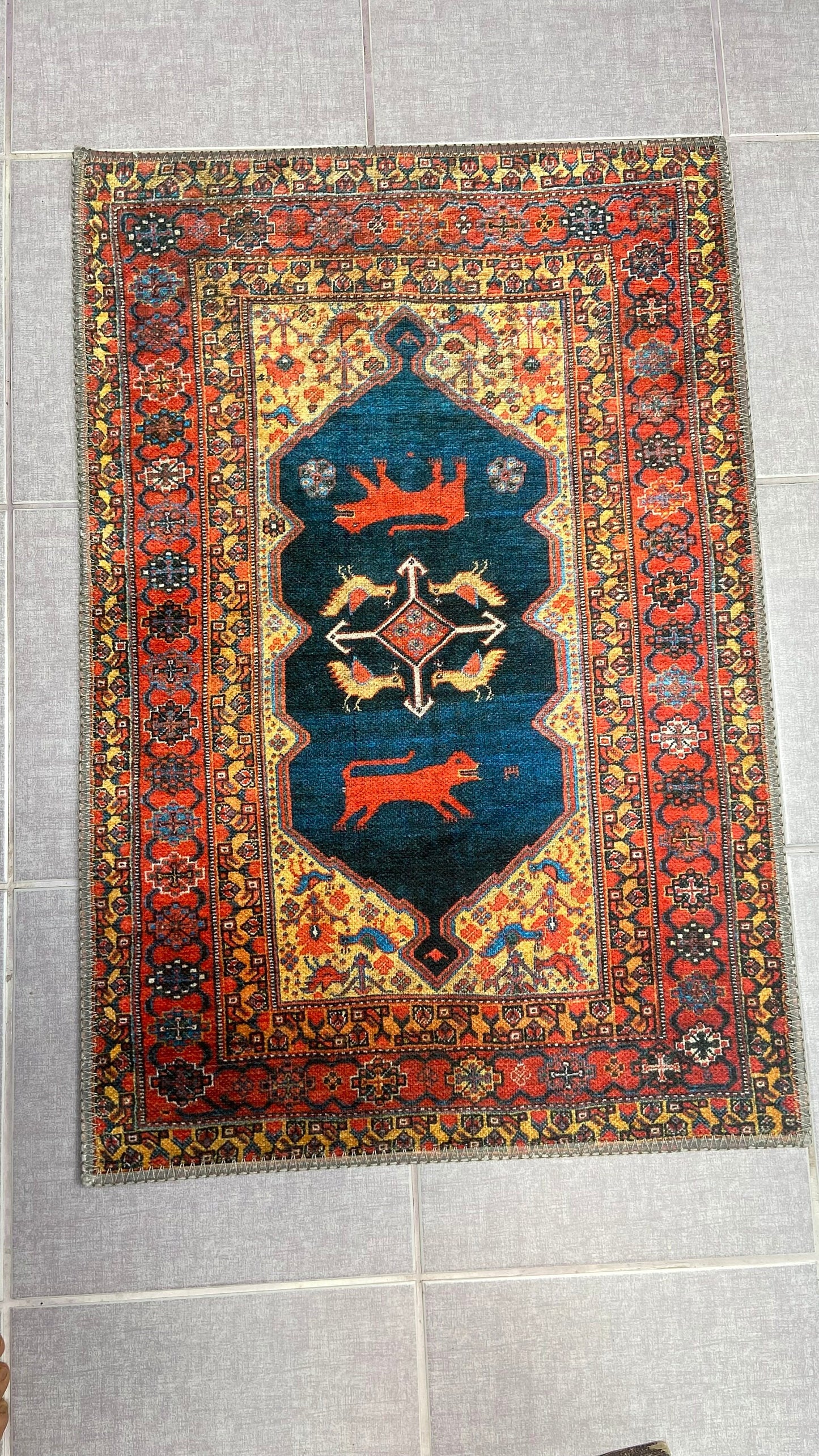 Oriental Small Rug, 2x3 ft Blue Rug, Animal Design Rug, Washable Rug, Non-Slip Rug