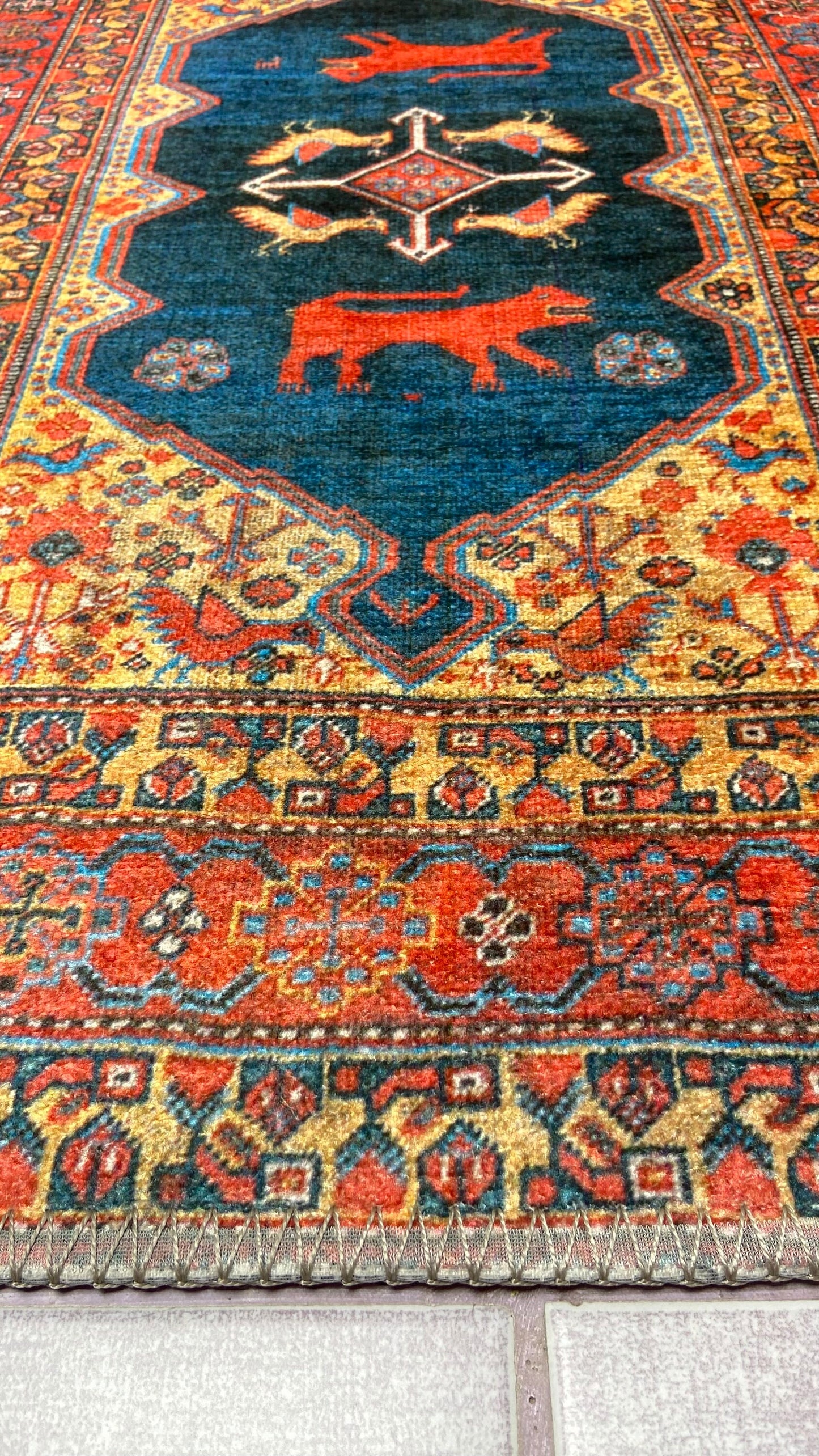 Oriental Small Rug, 2x3 ft Blue Rug, Animal Design Rug, Washable Rug, Non-Slip Rug