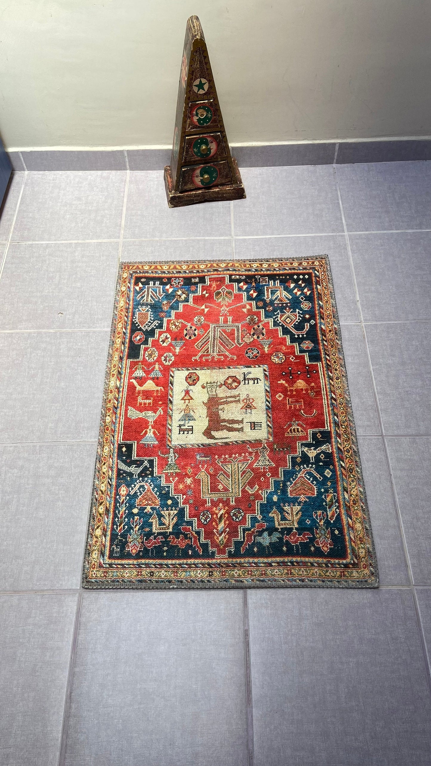 Home Decor Rug, 1'9x2'9 Red and Blue Rug, Animal Design Rug,
