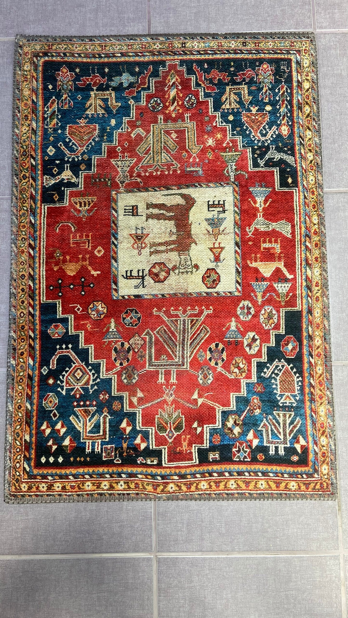 Home Decor Rug, 1'9x2'9 Red and Blue Rug, Animal Design Rug,
