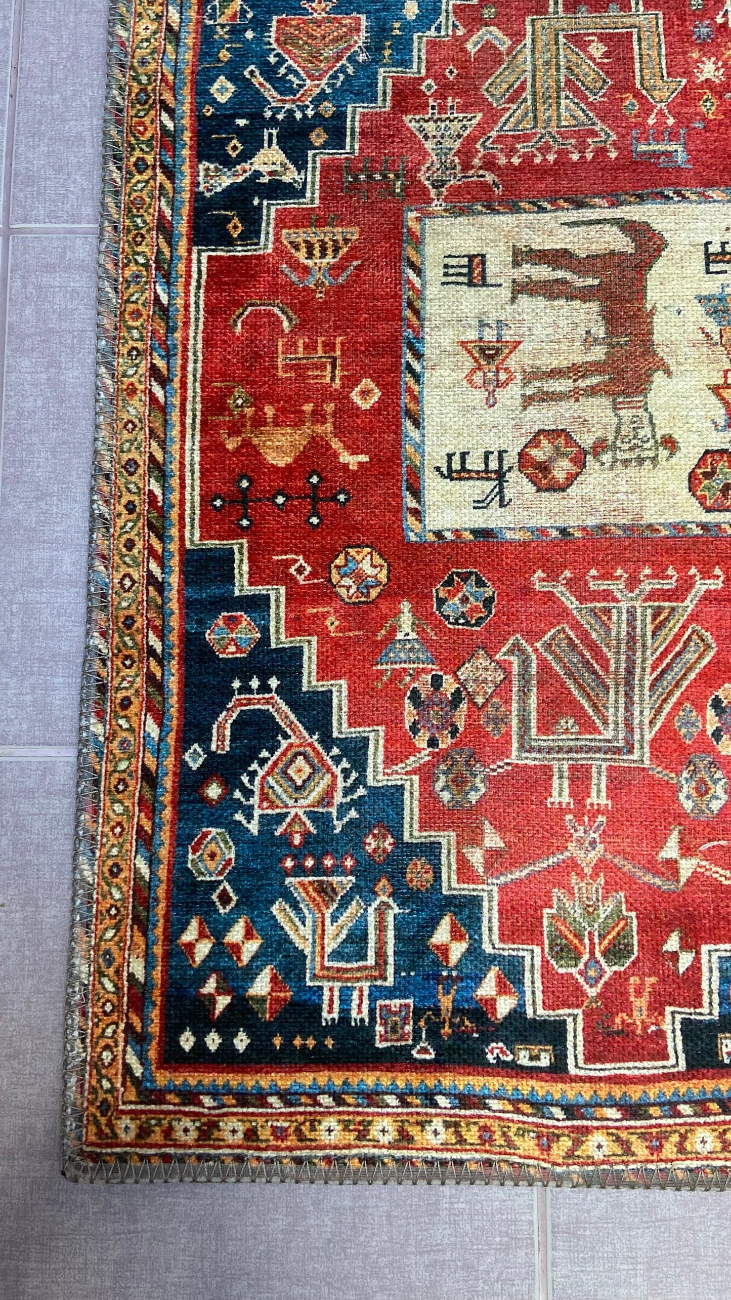 Home Decor Rug, 1'9x2'9 Red and Blue Rug, Animal Design Rug,