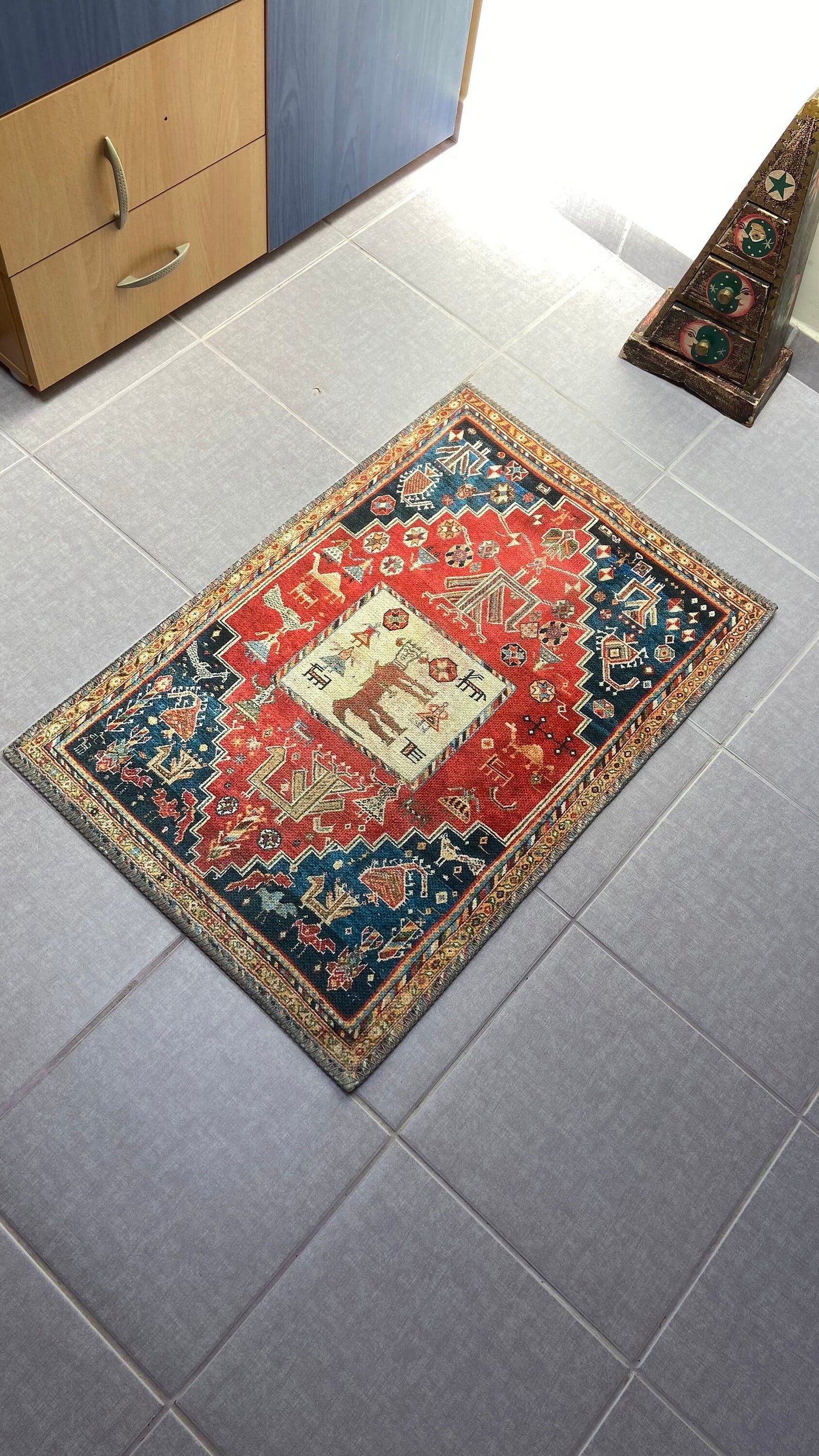 Home Decor Rug, 1'9x2'9 Red and Blue Rug, Animal Design Rug,