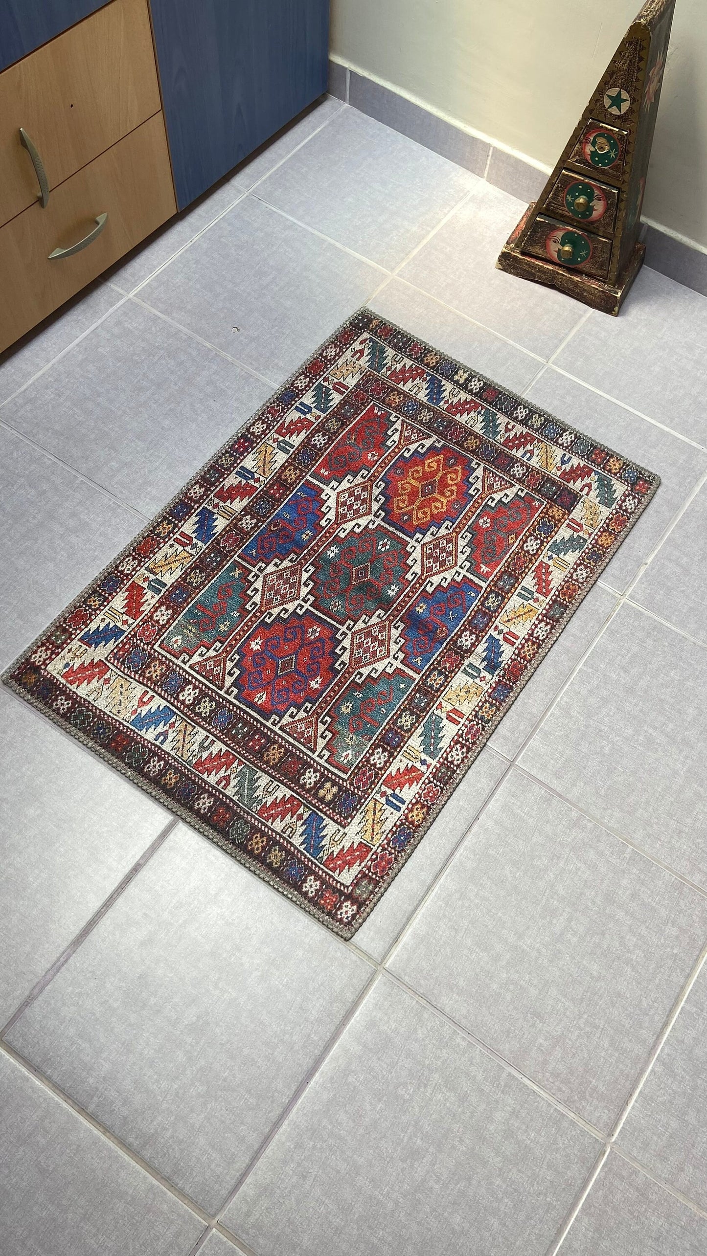 2X3 ft Small Rug, Blue Rug, Red Rug, Kelim Design Rug