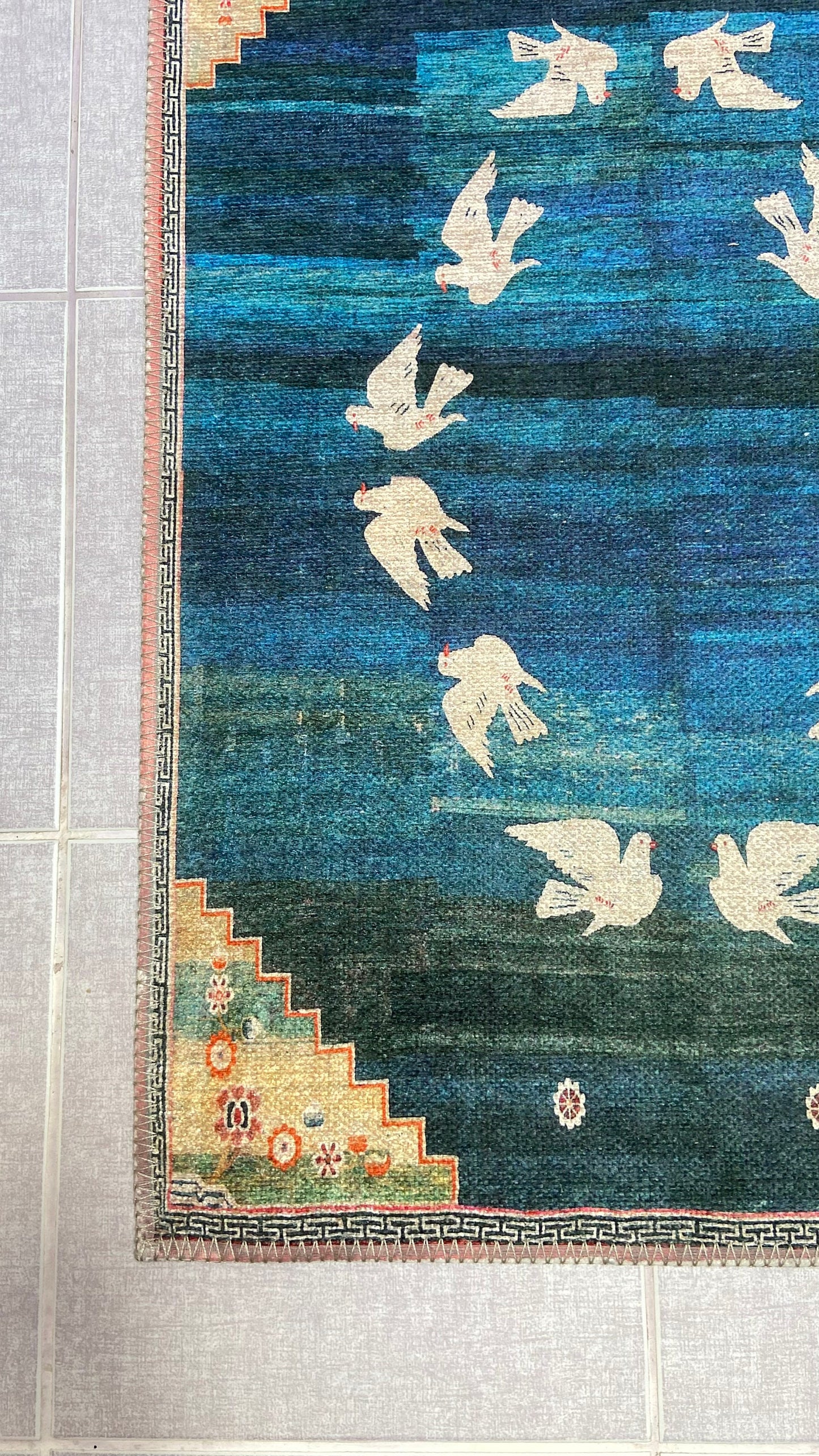 1'9 x 2'9 Blue and Beige Rug with Pigeons