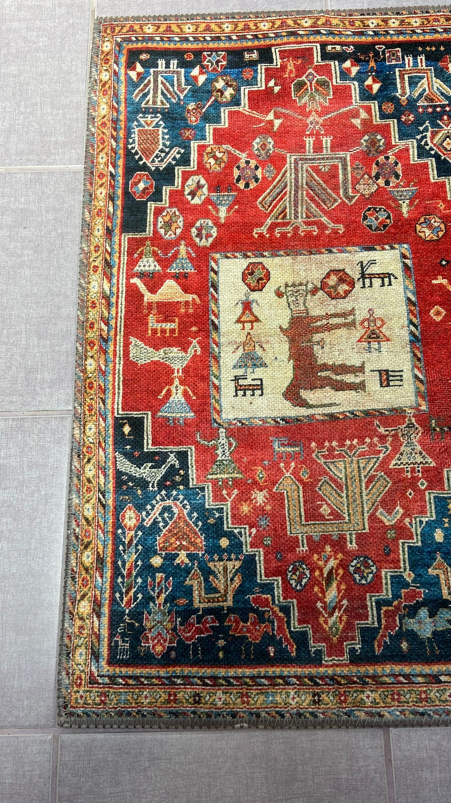 Home Decor Rug, 1'9x2'9 Red and Blue Rug, Animal Design Rug,