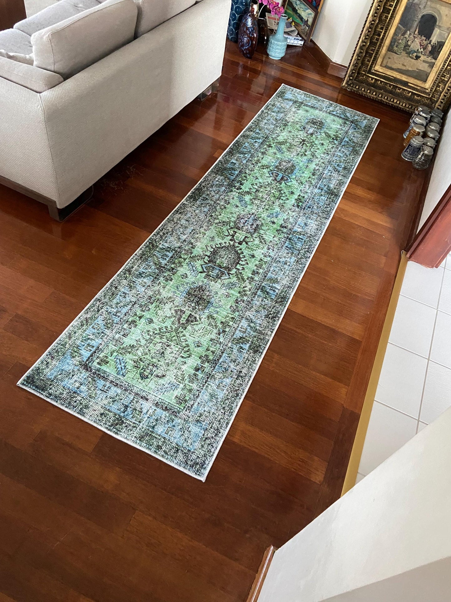 Green Runner Rug, 3x10 Runner Rug, Hallway Rug, 3x10 Blue Runner Rug, Non Slip Rug, Washable Rug