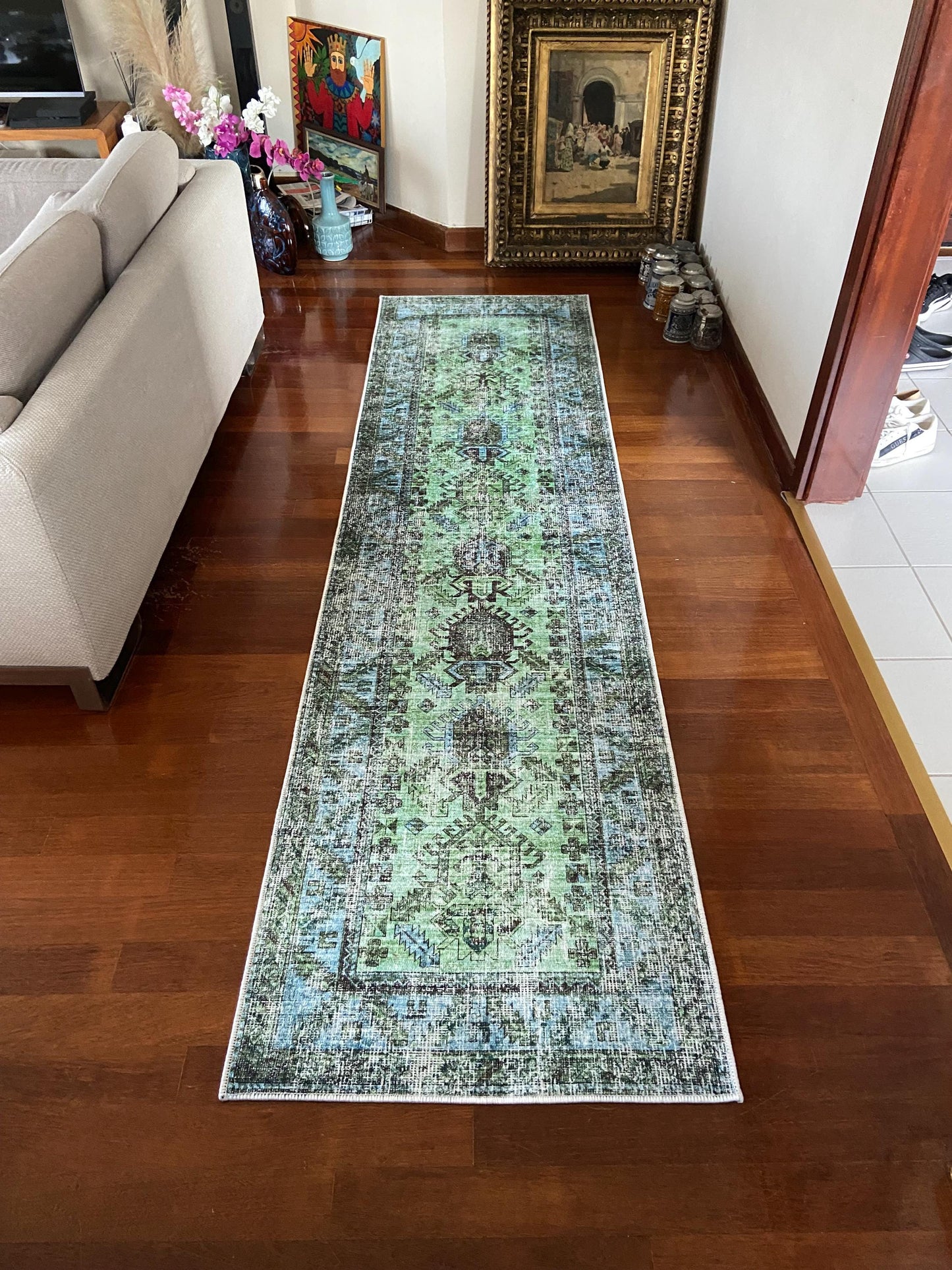 Green Runner Rug, 3x10 Runner Rug, Hallway Rug, 3x10 Blue Runner Rug, Non Slip Rug, Washable Rug