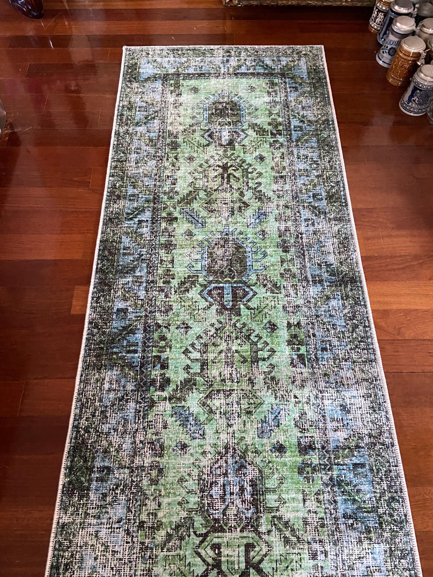 Green Runner Rug, 3x10 Runner Rug, Hallway Rug, 3x10 Blue Runner Rug, Non Slip Rug, Washable Rug