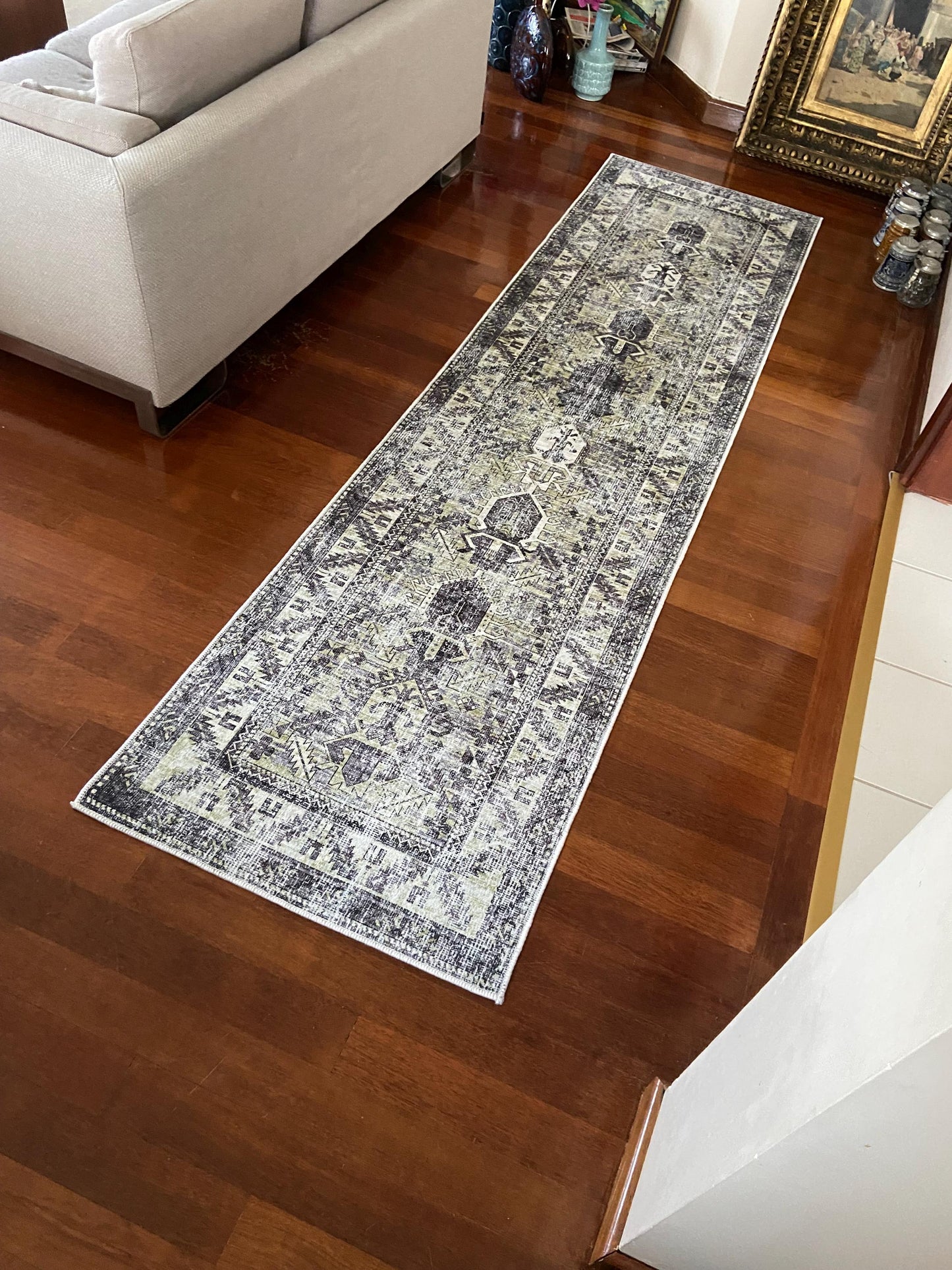 Olive Green Runner Rug, 3x10 Runner Rug, Grey Runner Rug, Hallway Rug, Non Slip Rug