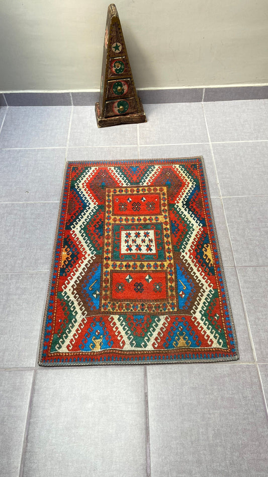 Kelim Design Rug, 1'9 x 2'9 Small Rug, Red Small Rug, Blue Doormat Rug