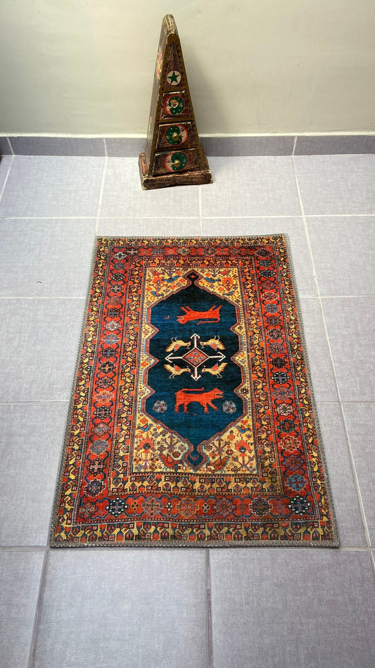 Oriental Small Rug, 2x3 ft Blue Rug, Animal Design Rug, Washable Rug, Non-Slip Rug