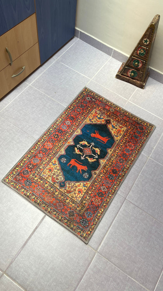 Oriental Small Rug, 2x3 ft Blue Rug, Animal Design Rug, Washable Rug, Non-Slip Rug