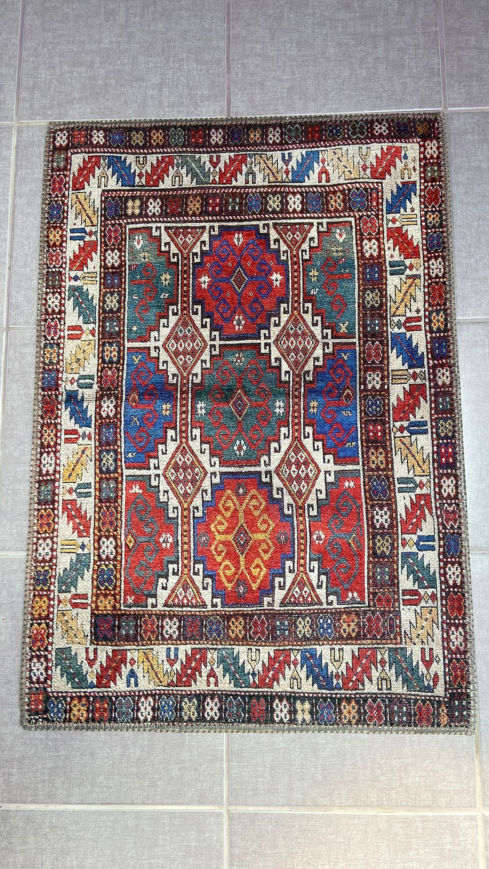 2X3 ft Small Rug, Blue Rug, Red Rug, Kelim Design Rug