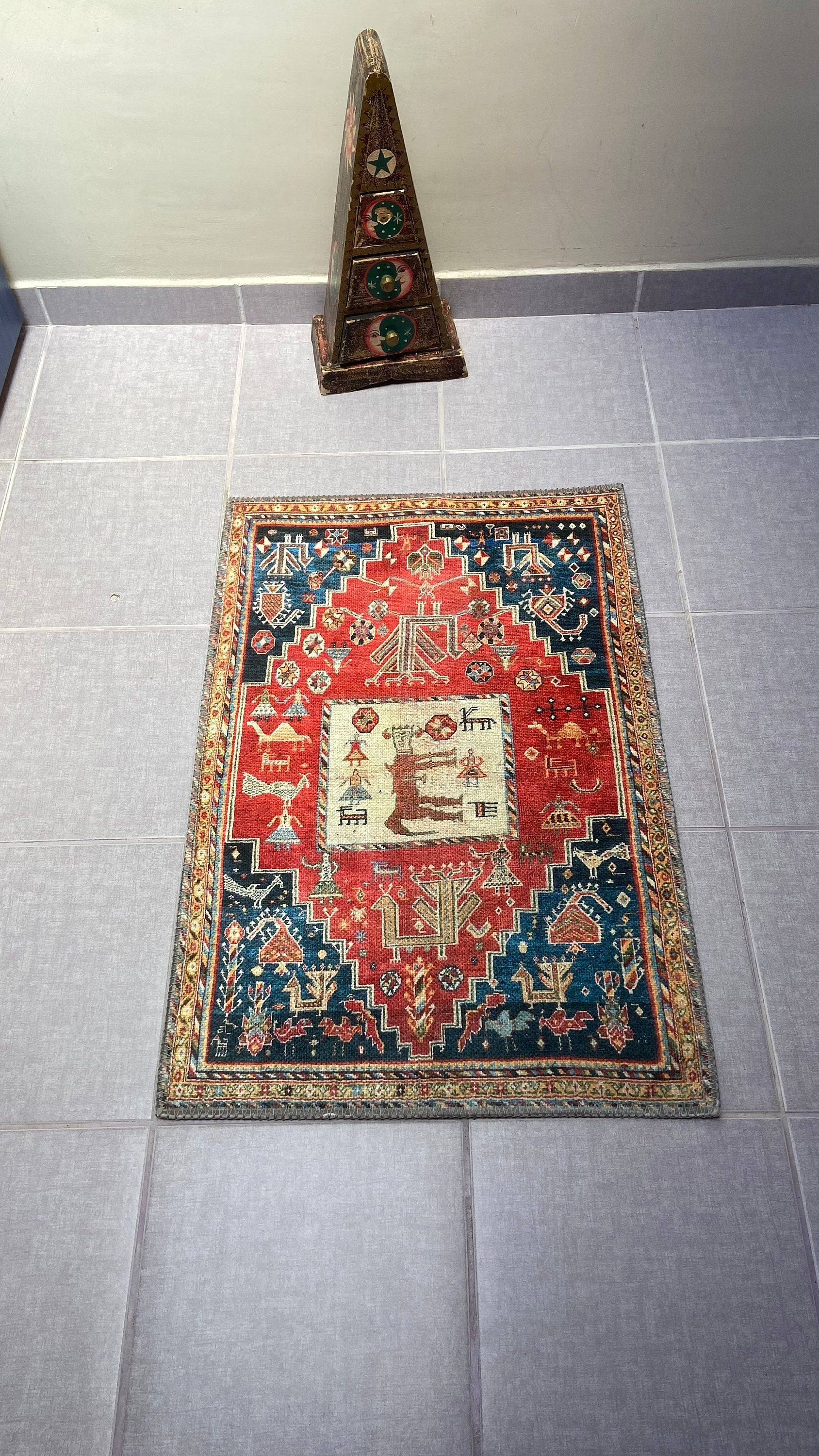Home Decor Rug, 1'9x2'9 Red and Blue Rug, Animal Design Rug,