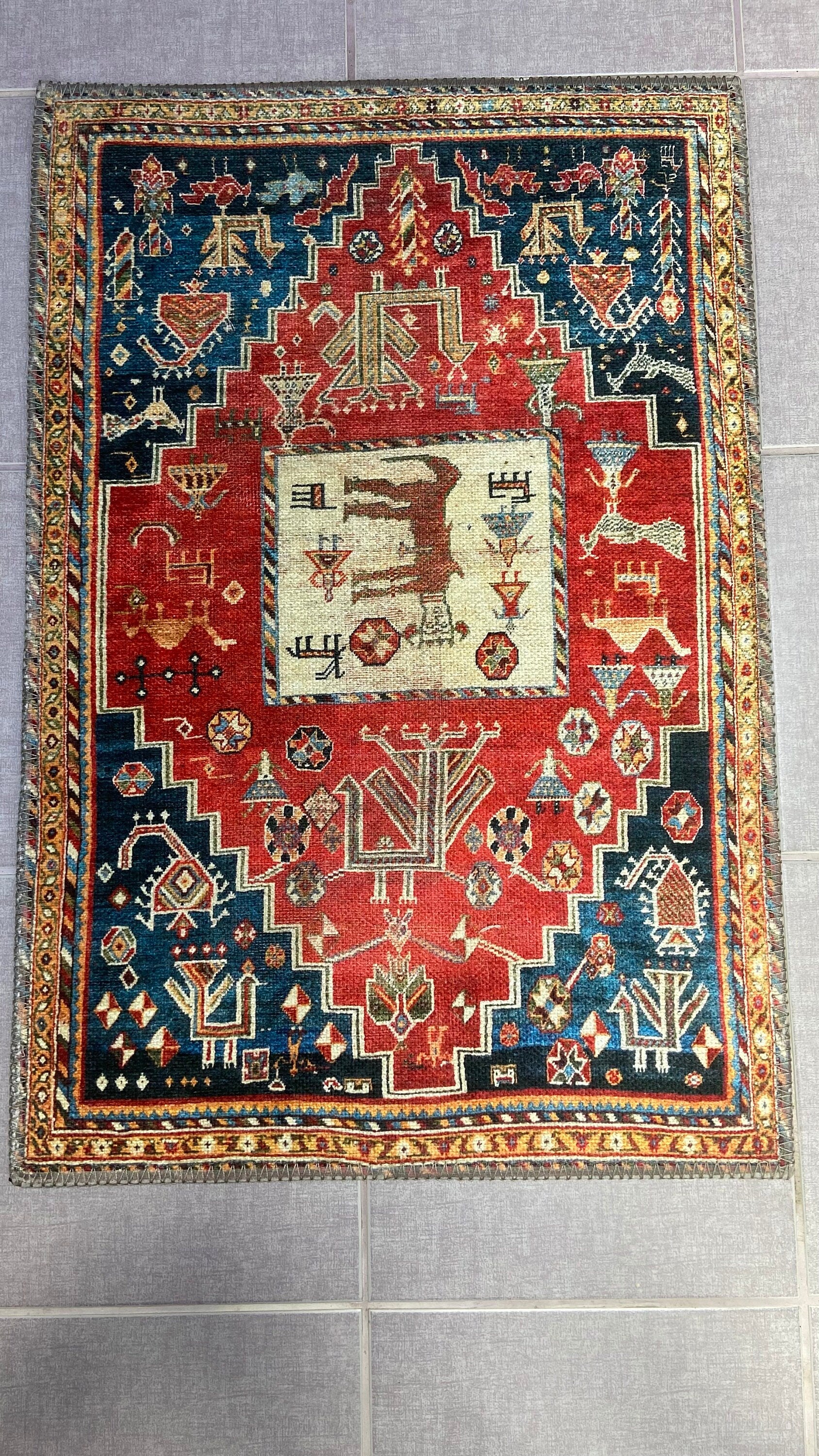 Home Decor Rug, 1'9x2'9 Red and Blue Rug, Animal Design Rug,