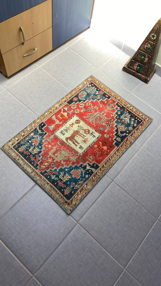 Home Decor Rug, 1'9x2'9 Red and Blue Rug, Animal Design Rug,