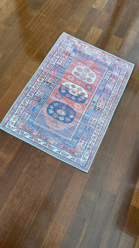2x3 Ft Blue and Beige Rug, Small Rug, Bathroom Rug, Kitchen Rug