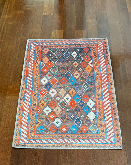 2x3 ft Orange Small Rug, Decorative Rug, Exclusive Rug, Geometric Design, Washable Rug, Bedroom Rug, Bathroom Rug, Home Gift Rug