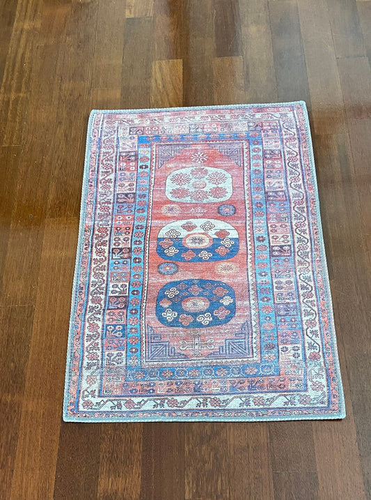 2x3 Ft Blue and Beige Rug, Small Rug, Bathroom Rug, Kitchen Rug