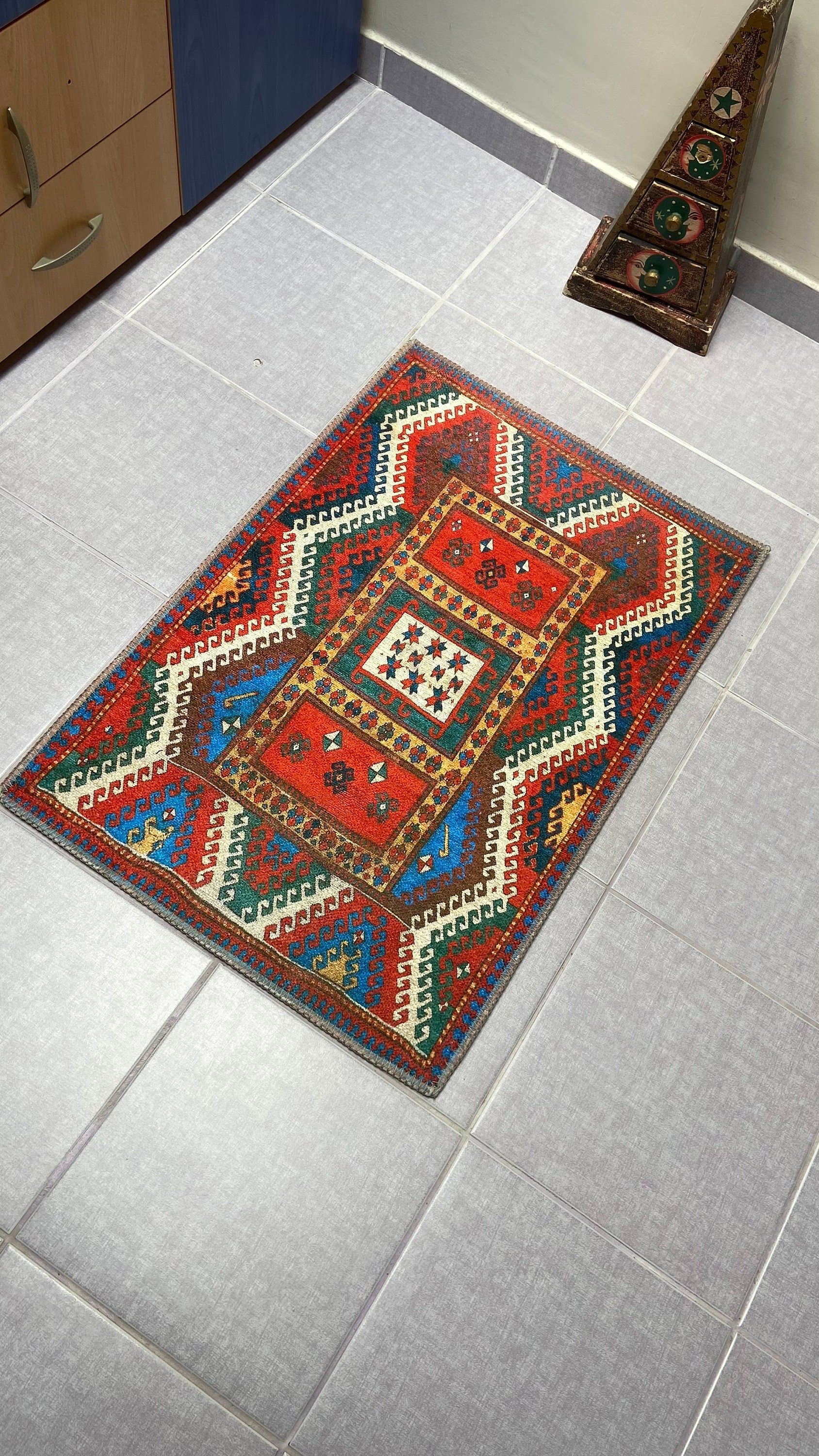 Kelim Design Rug, 1'9 x 2'9 Small Rug, Red Small Rug, Blue Doormat Rug