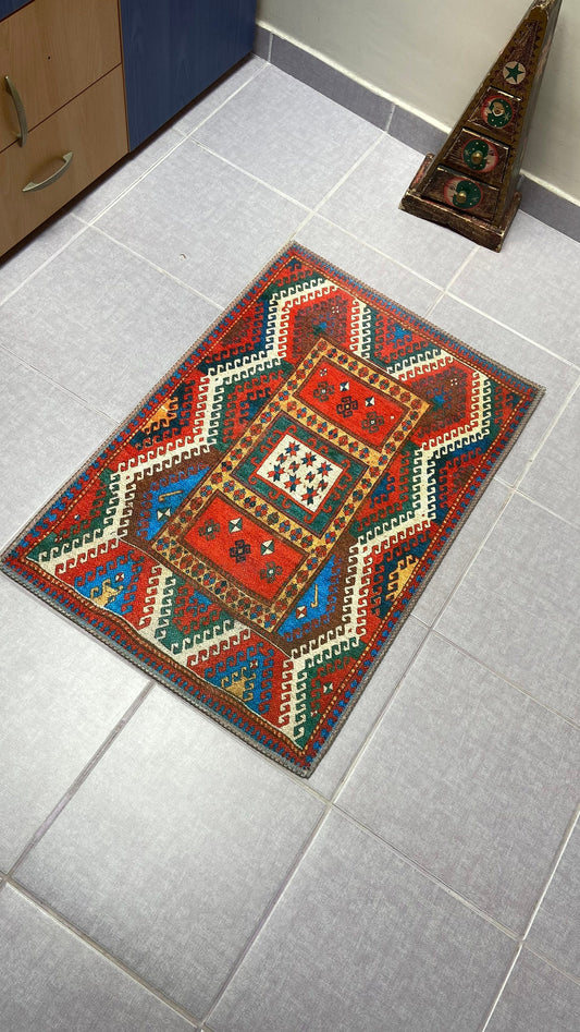 Kelim Design Rug, 1'9 x 2'9 Small Rug, Red Small Rug, Blue Doormat Rug