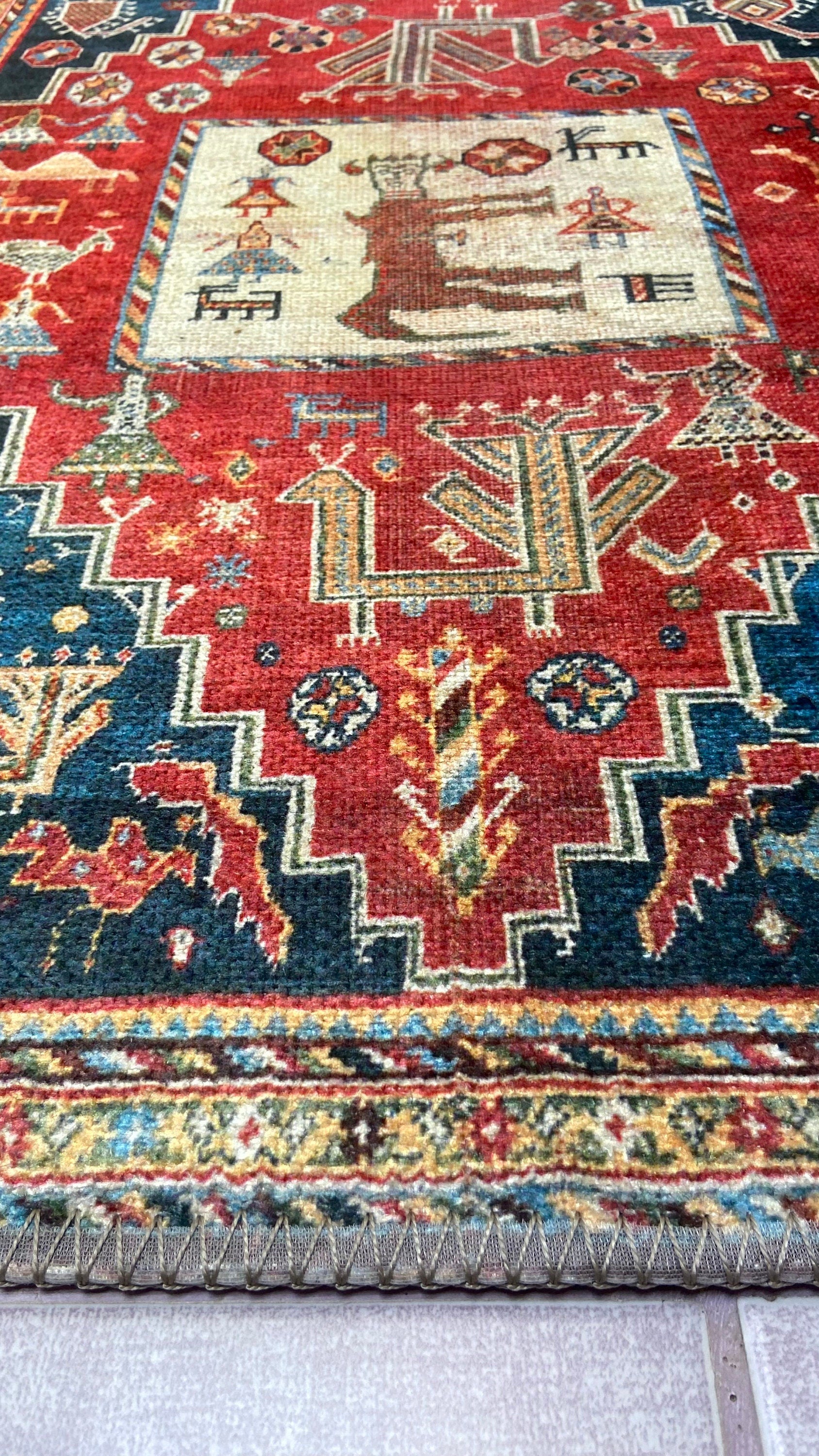 Home Decor Rug, 1'9x2'9 Red and Blue Rug, Animal Design Rug,