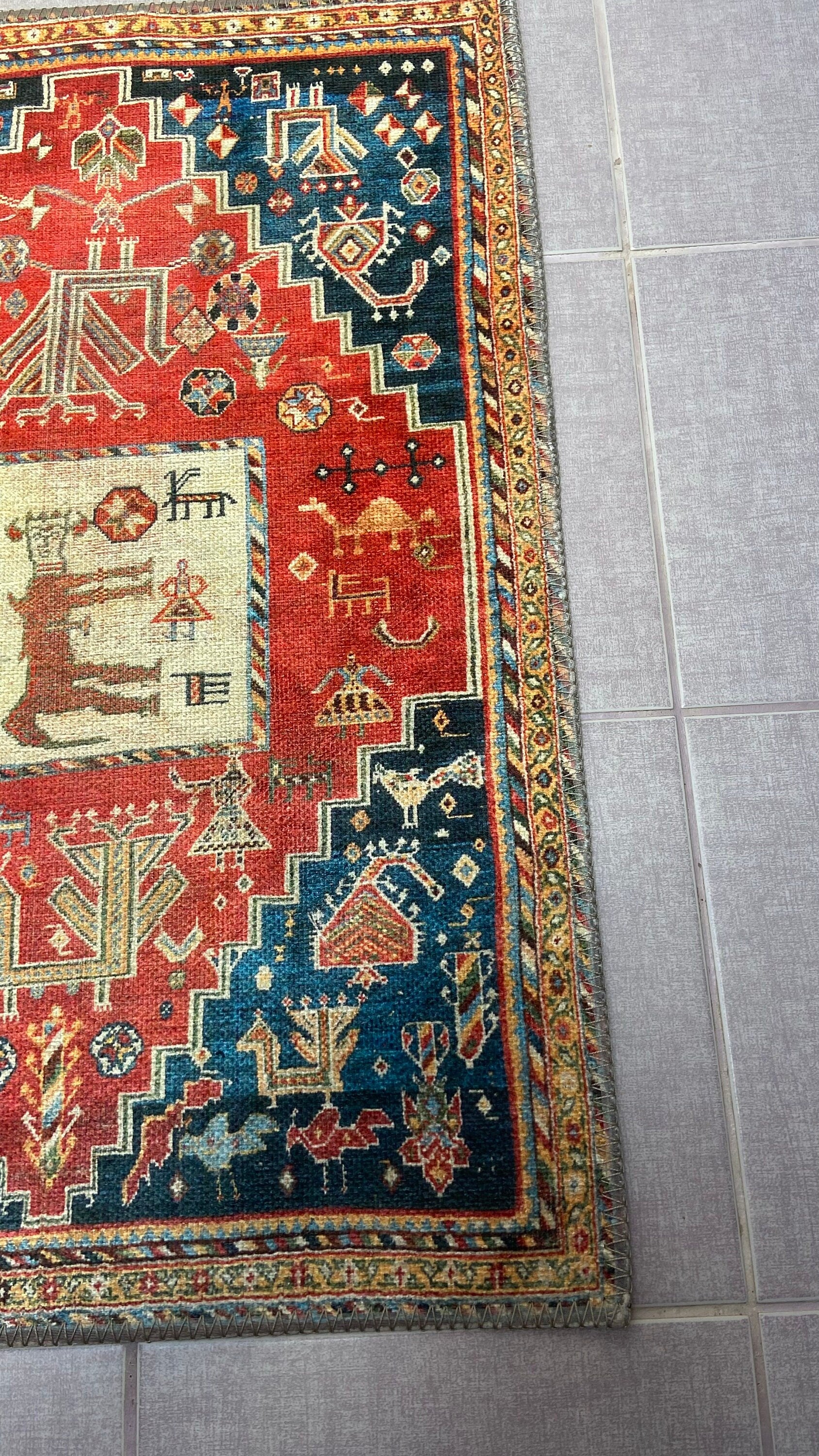 Home Decor Rug, 1'9x2'9 Red and Blue Rug, Animal Design Rug,