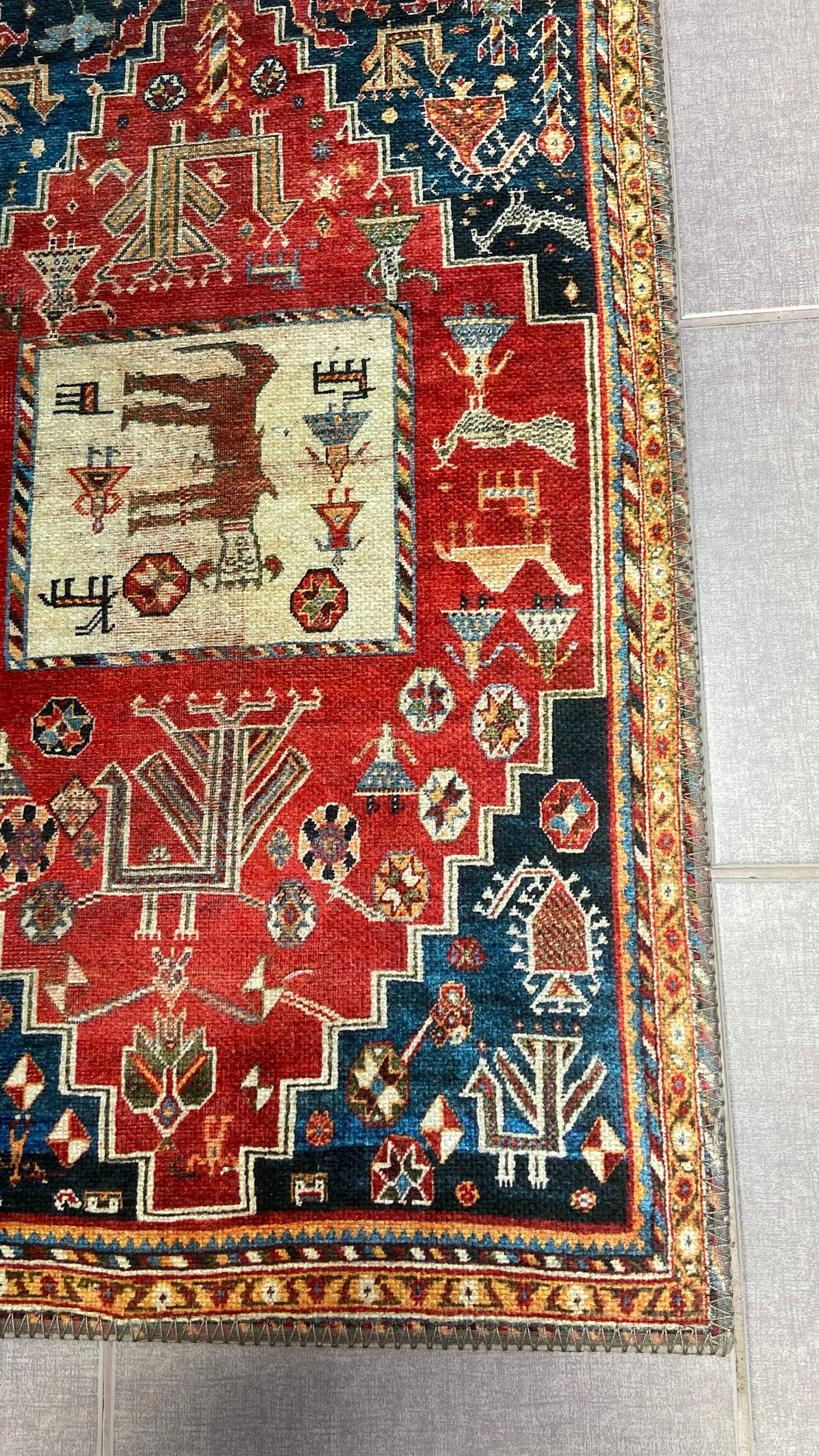Home Decor Rug, 1'9x2'9 Red and Blue Rug, Animal Design Rug,