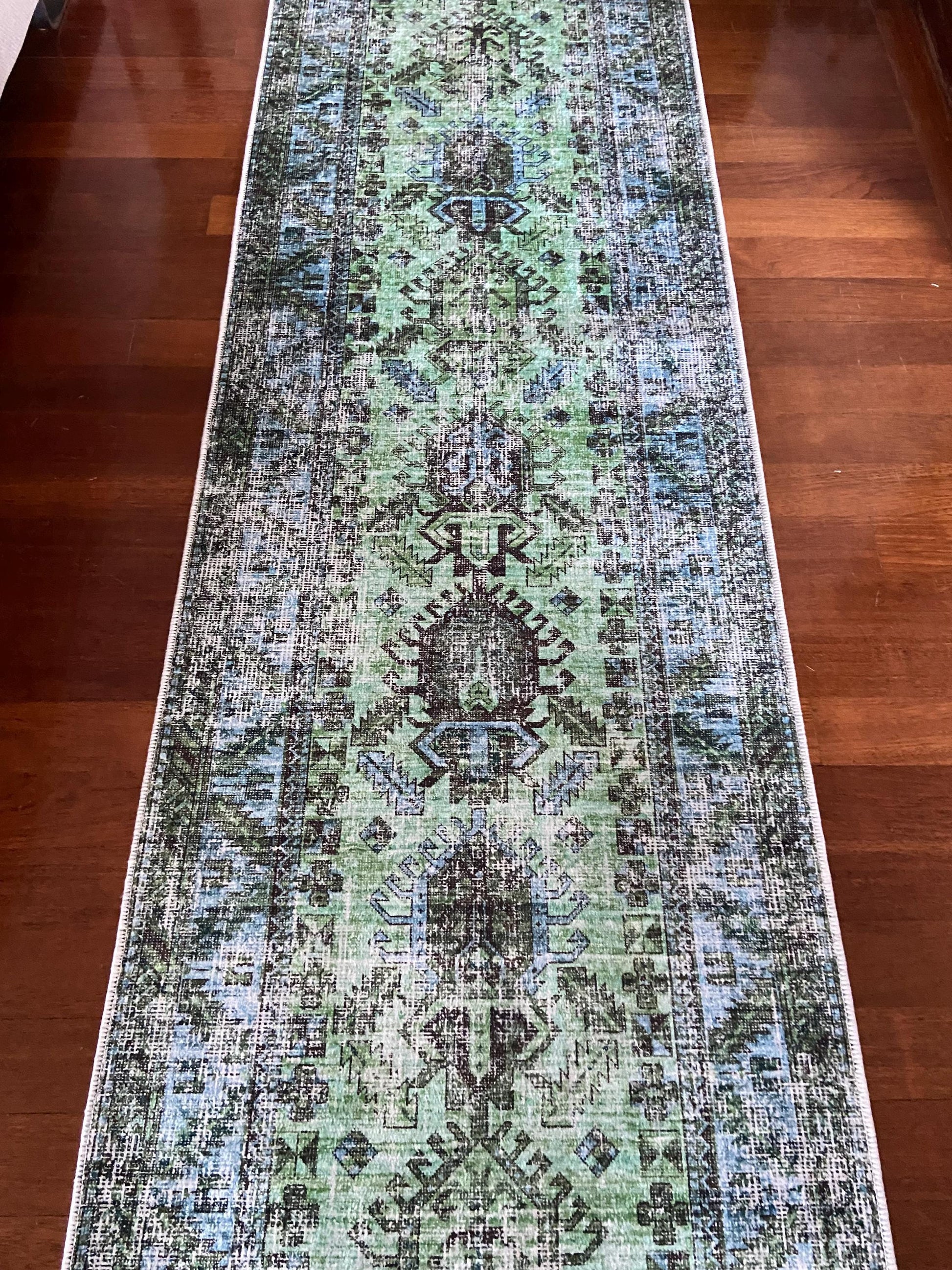 Green Runner Rug, 3x10 Runner Rug, Hallway Rug, 3x10 Blue Runner Rug, Non Slip Rug, Washable Rug