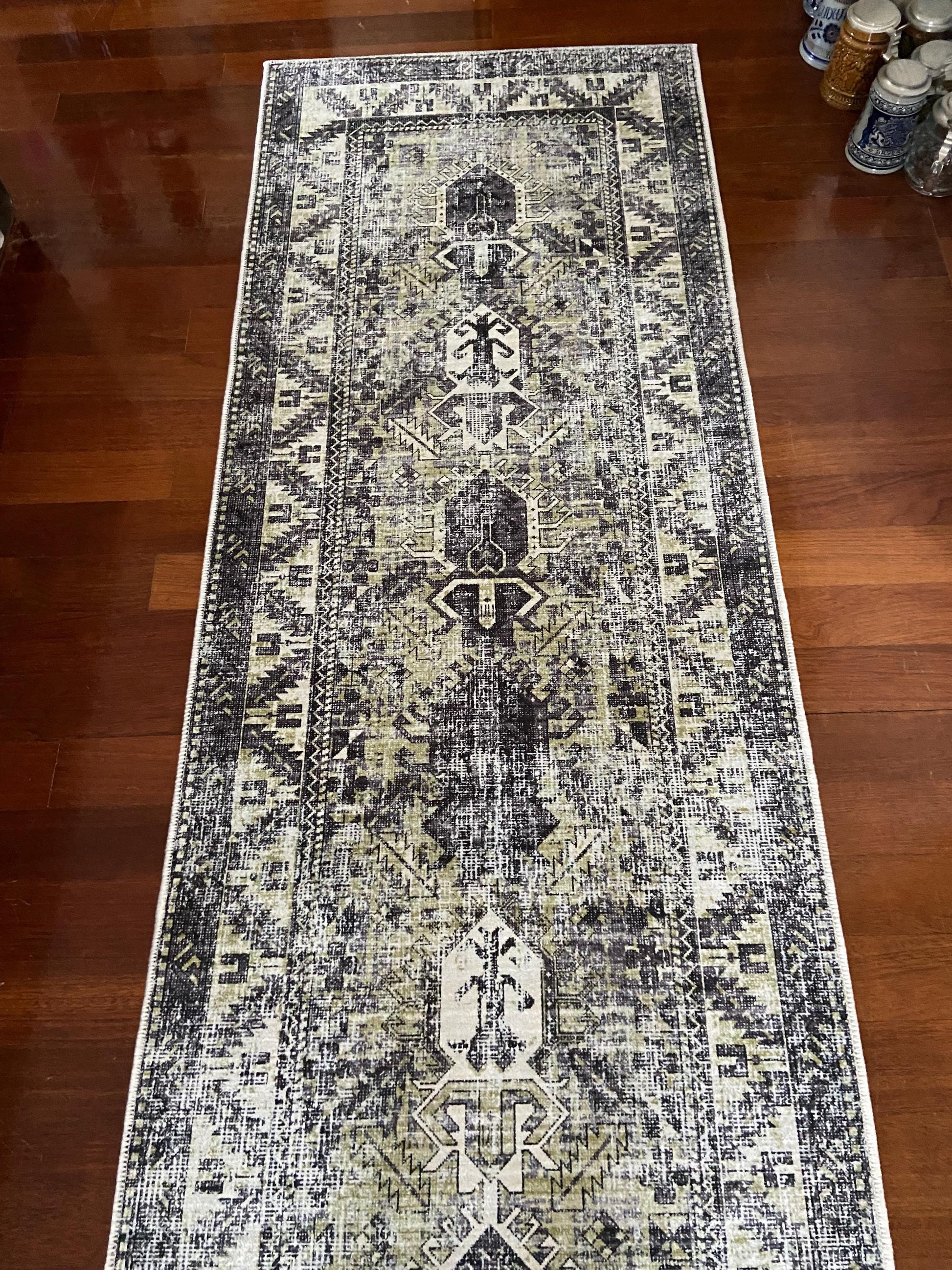 Olive Green Runner Rug, 3x10 Runner Rug, Grey Runner Rug, Hallway Rug, Non Slip Rug