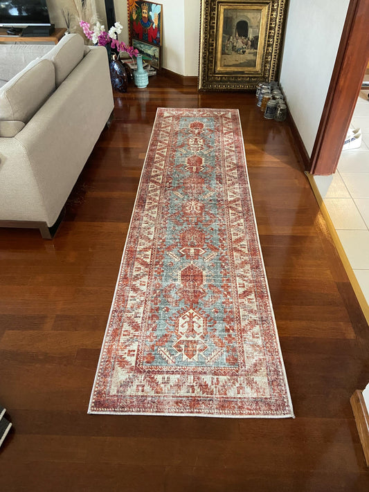 Runner Rug, Turquoise Runner Rug, 3x10 Rust Runner Rug, Non Slip Rug, Kitchen Runner Rug, Washable Rug,