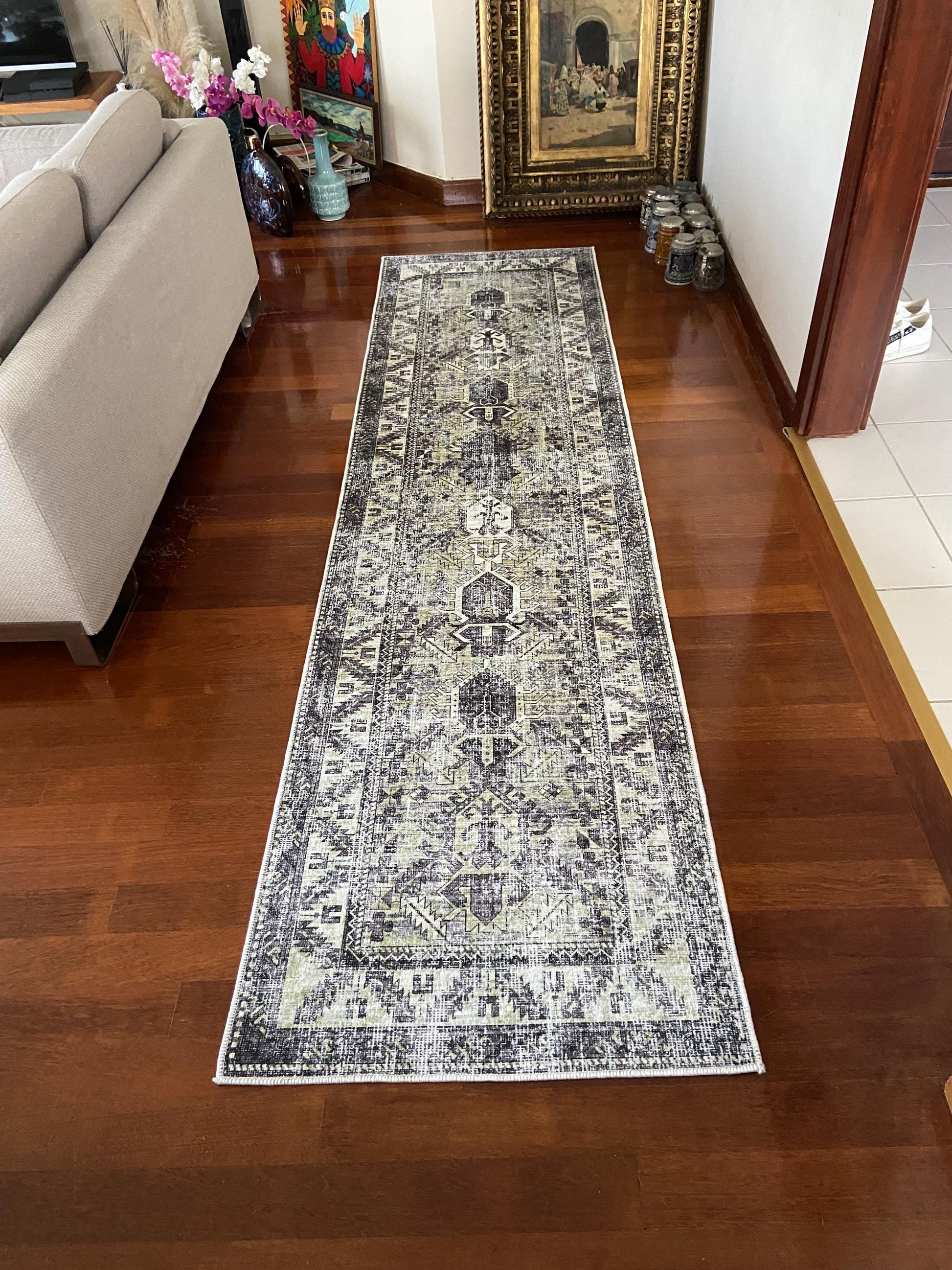Olive Green Runner Rug, 3x10 Runner Rug, Grey Runner Rug, Hallway Rug, Non Slip Rug